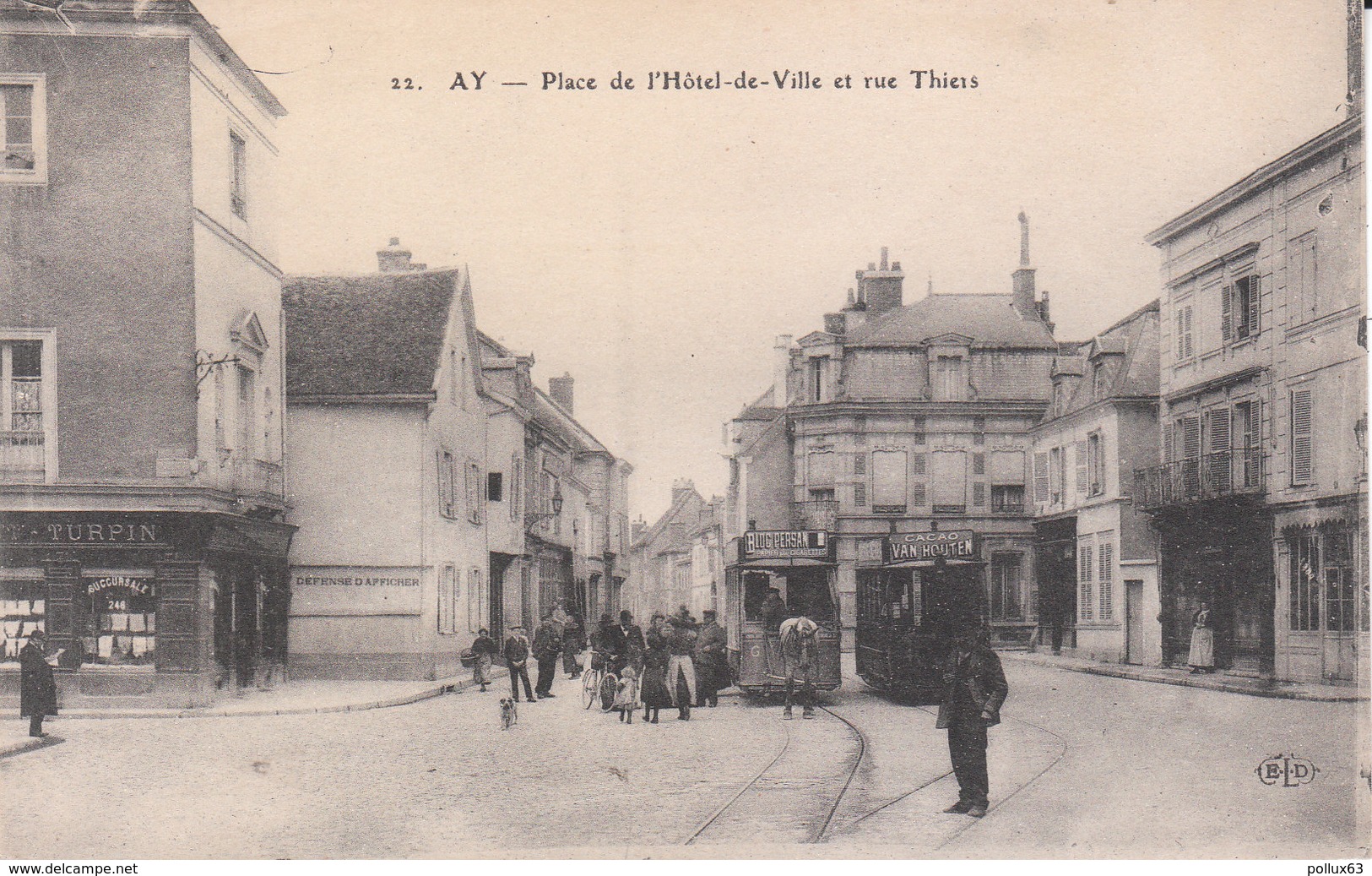 CPA  AY (51) PLACE DE L' HÔTEL DE VILLE Et RUE THIERS - ANIMEE - TRAMWAYS HIPPOMOBILES - Ay En Champagne