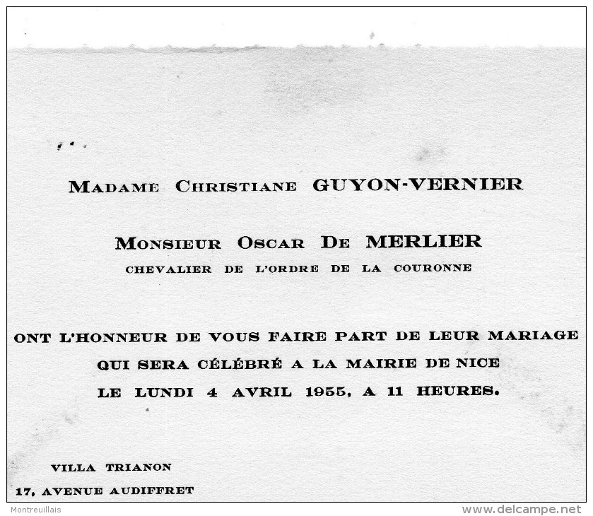 Faire-part Ou Invitation De Mariage, En 1955 à NICE, DE MERLIER Et GUYON-VERNIER - Boda
