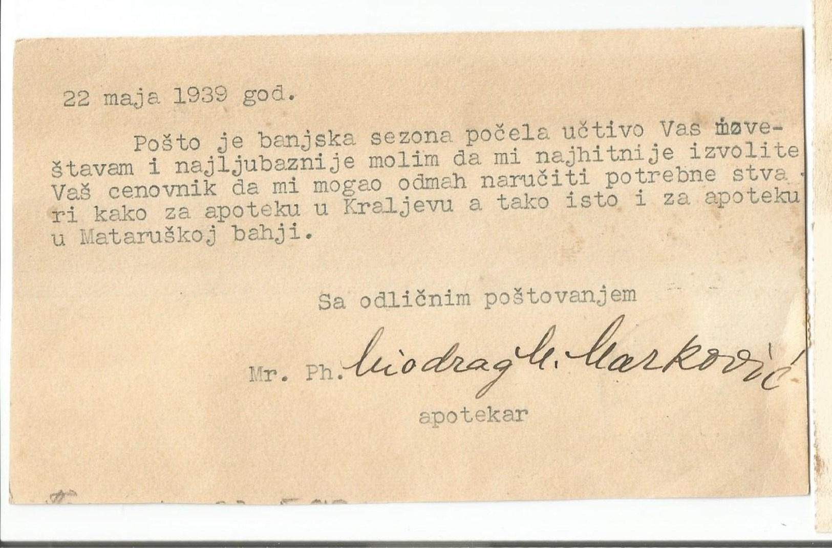 Kingdom Of Yugoslavia SERBIA 1939. KRALJEVO APOTEKA "KOD SV. DJORDJA" PHARMACIA "DE SAINT GEORGES" - Storia Postale