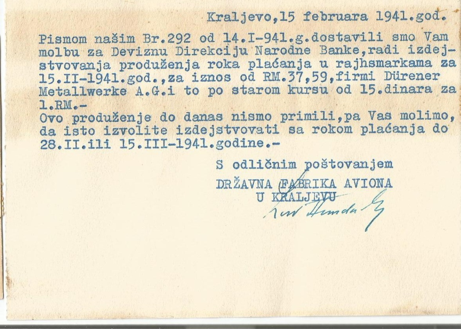 Kingdom Of Yugoslavia SERBIA 1941. KRALJEVO DRZAVNA FABRIKA AVIONA - Covers & Documents