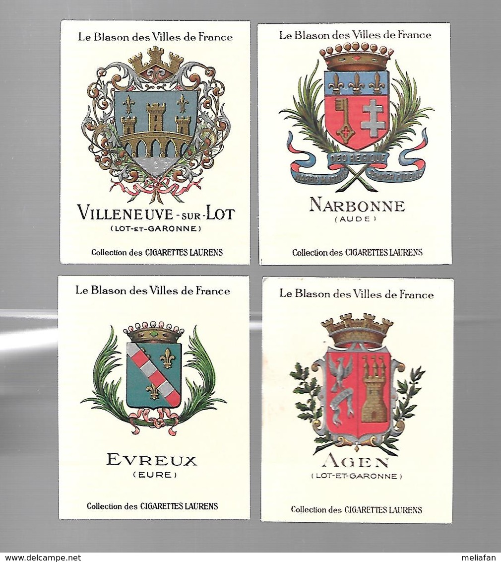 X792 - IMAGES CIGARETTES LAURENS - BLASON DES VILLES DE FRANCE - AGEN EVREUX NARBONNE VILLENEUVE SUR LOT - Autres & Non Classés