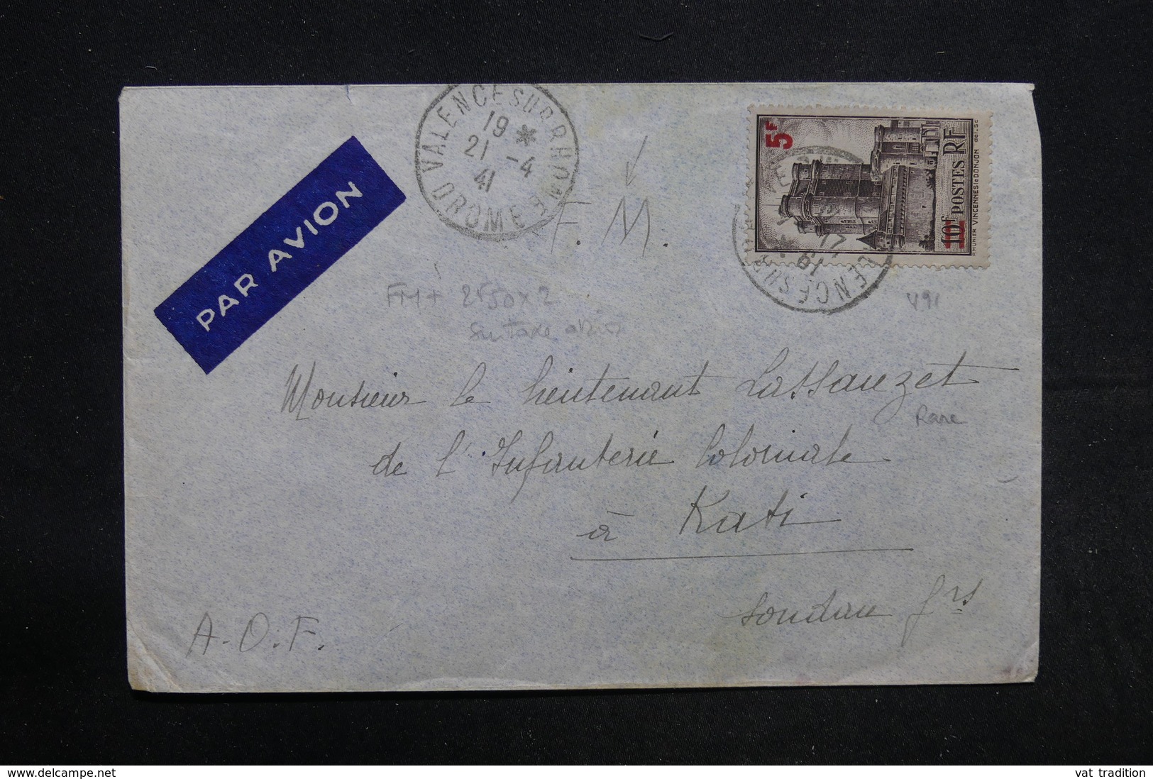 FRANCE - Vincennes Surchargé Sur Enveloppe De Valence / Rhone En FM En 1941 Pour Kati ( Soudan ) - L 30465 - 1921-1960: Période Moderne