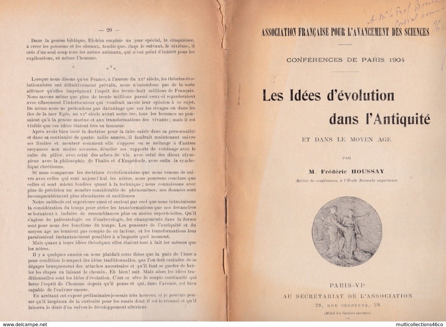 260519A - Livre SCIENCES Conférence PARIS 1904 Idées évolution Antiquité Moyen Age Frédéric HOUSSAY Dédicace Autographe - Livres Dédicacés