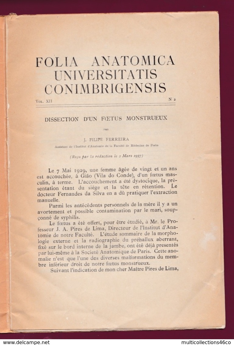 260519A - Livre J FILIPE FERREIRA Porto - 1937 MEDECINE Dissection Foetus Monstrueux Syphilis Anatomie Malformation - Sciences