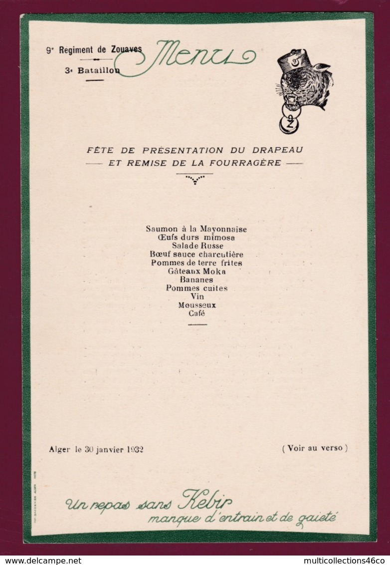 260519A - MENU 1932 9e Régiment Zouaves 3e Bataillon MILITARIA Présentation Drapeau Remise Fourragère Légion D'Honneur - Documents