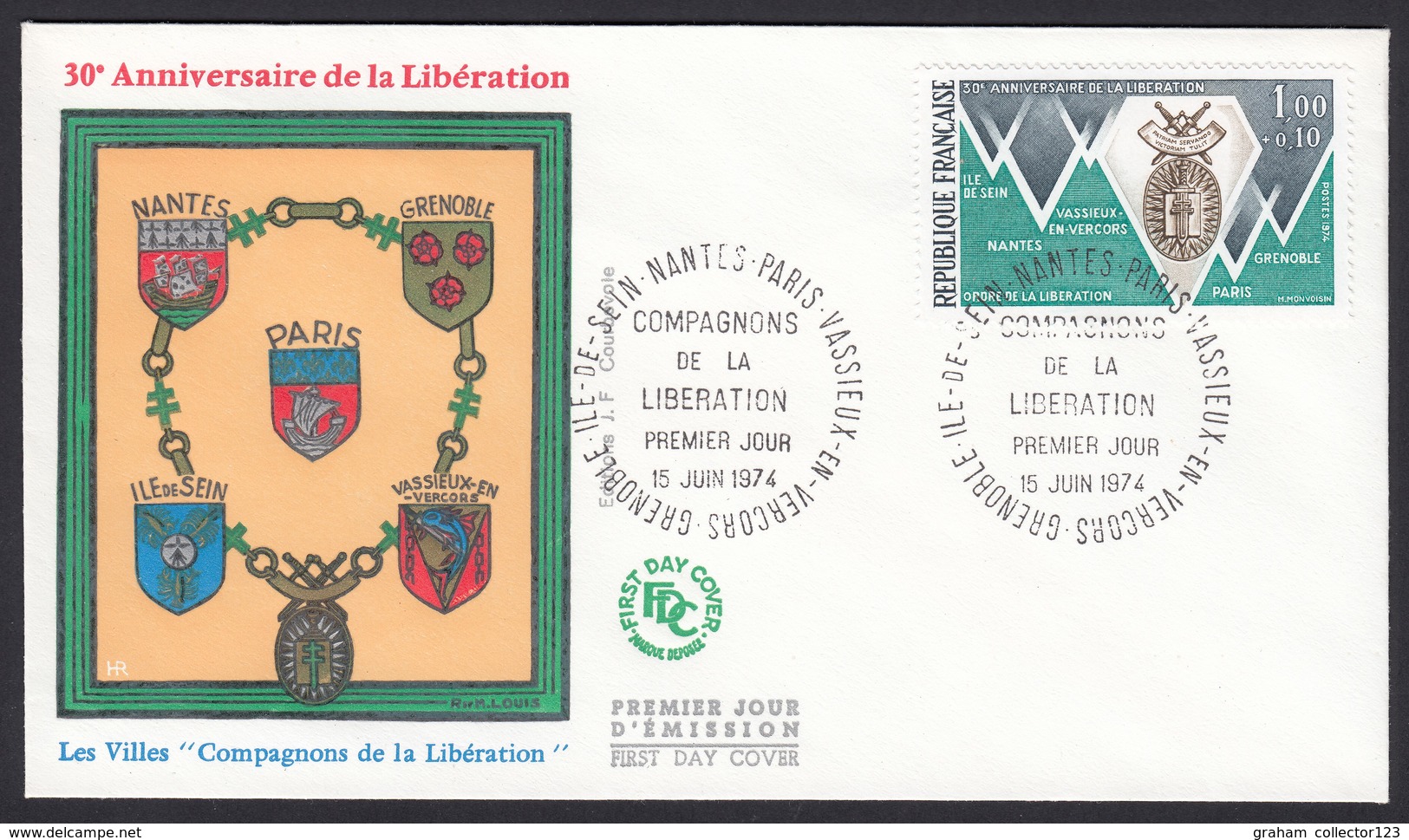 France French Cover Lettre 1974 France 1er FDC First Day Cover 30th Anniv Companions Of Liberation WW2 FDI - Militaria