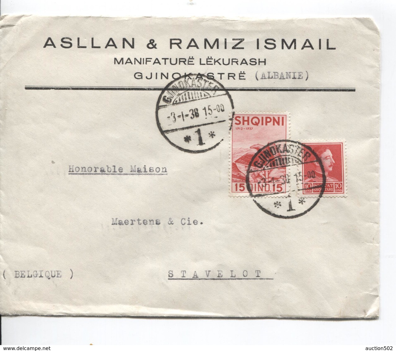 PR6552/ Albanie Cover Gjinokastrë (Gjinikaster) 1938 To Belgium - Albania