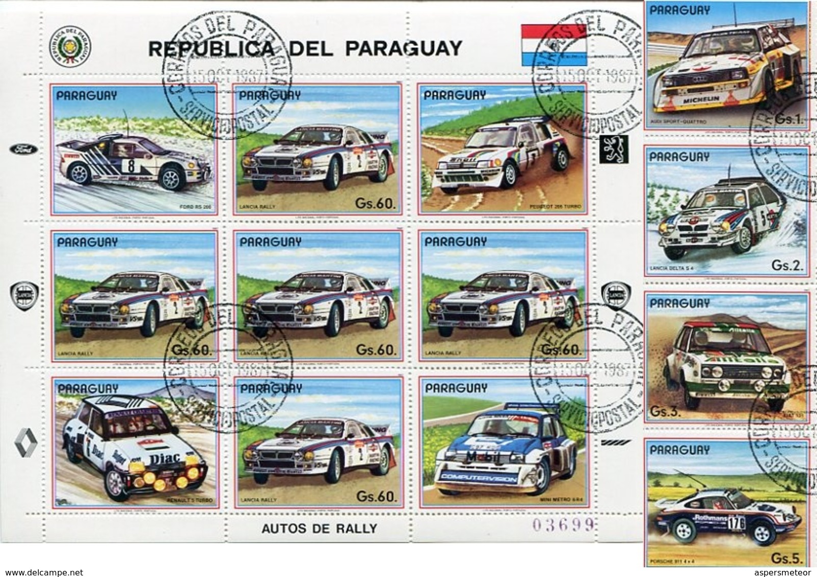 AUTOS DE RALLY. PARAGUAY YVERT 2309 / 2313 YEAR 1987 SERIE COMPLETA CON HOJA BLOCK OBLITERES - LILHU - Paraguay