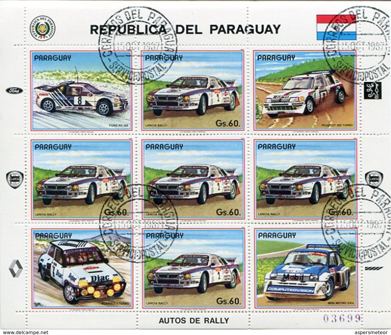 AUTOS DE RALLY. PARAGUAY YVERT 2309 / 2313 YEAR 1987 SERIE COMPLETA CON HOJA BLOCK OBLITERES - LILHU - Paraguay