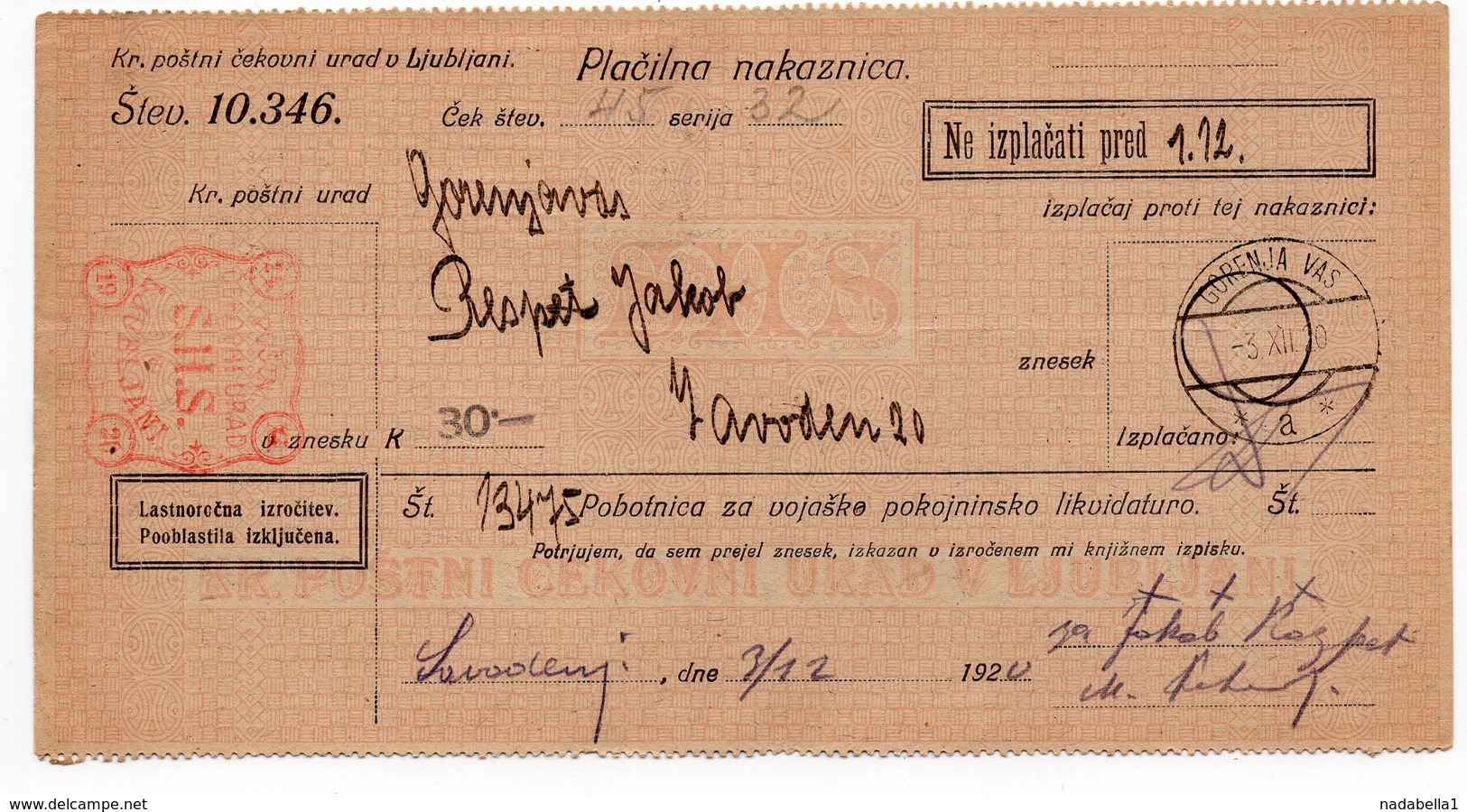 1920 KINGDOM SHS,YUGOSLAVIA, SLOVENIA, VERIGARI POSTAGE DUE STAMPS, GORENJA VAS, MONEY ORDER - Postage Due