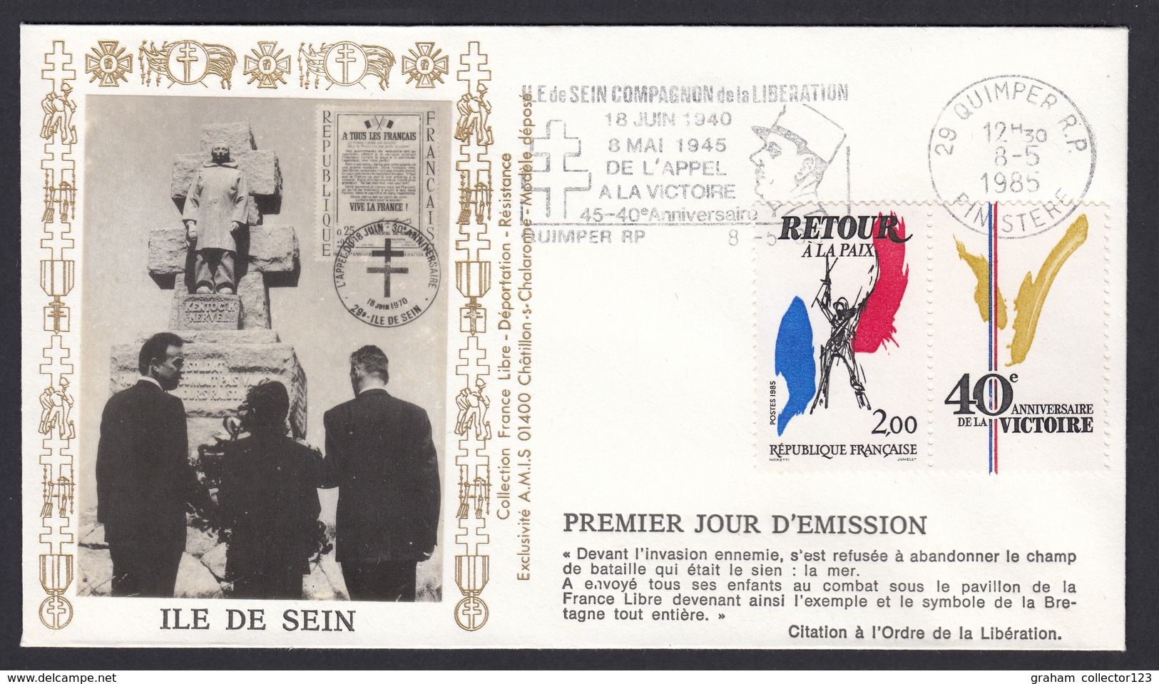 France French Cover Lettre 1985 France 1er First Day Cover French 40th Anniversary Ile De Sein Liberation - Militaria