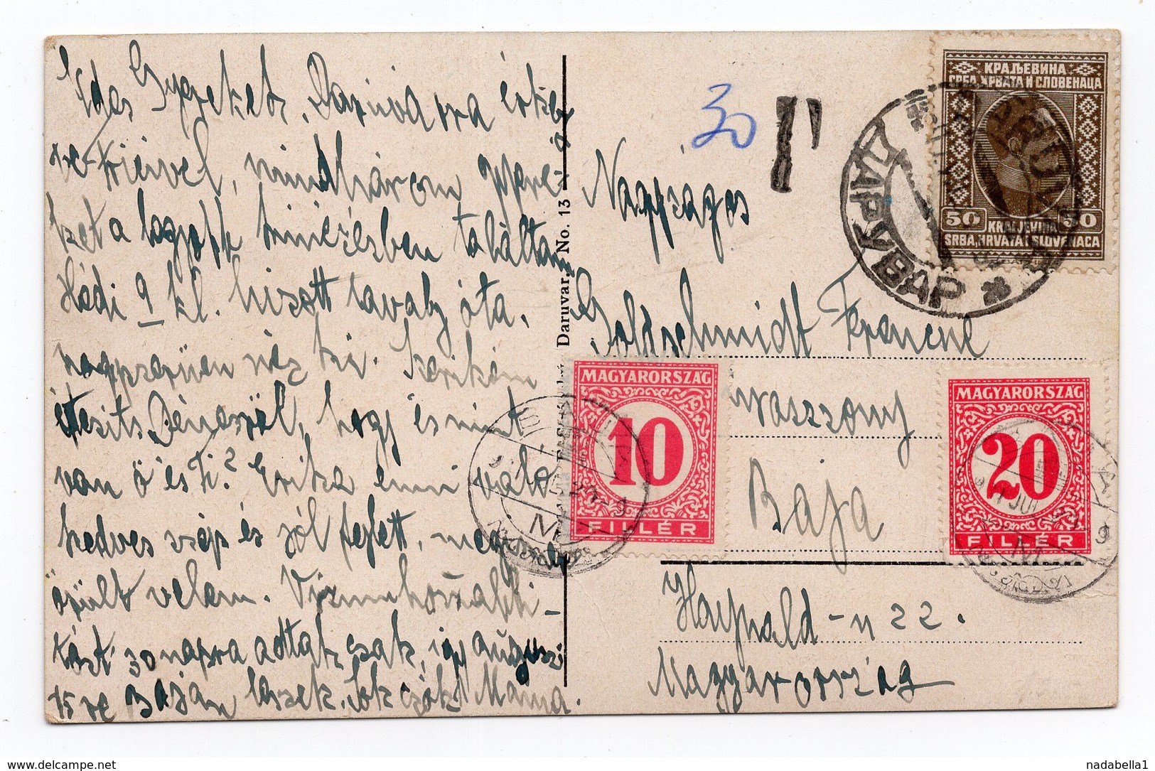 1920  YUGOSLAVIA, CROATIA, DARUVAR TO BAJA, HUNGARY, HUNGARIAN POSTAGE DUE 30 FILER, ILLUSTRATED POSTCARD USED - Croacia