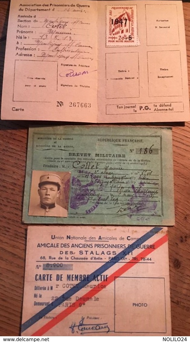 2 Cartes FNPG Et De L'Amicale Des Prisonniers De Guerre Des Stalags XII Et Brevet Militaire Au Nom De COTTET Maurice - Unclassified