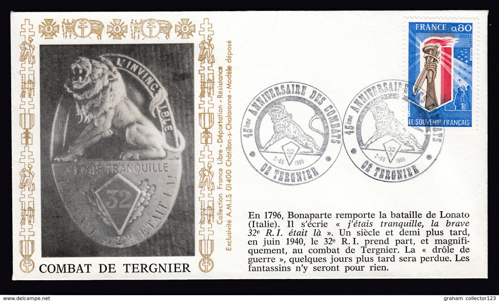 France French Cover Lettre 1985 France French FR Stamp Cover 45th Anniversary Combat De Tergnier WW2 WWII - Militaria