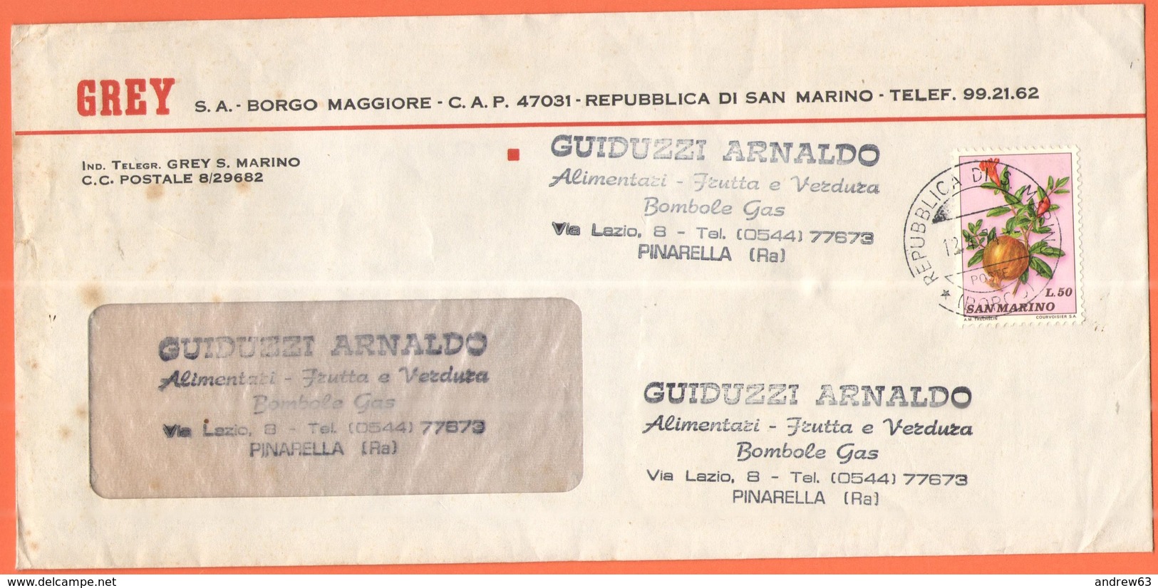 SAN MARINO - 1974 - 50 Frutta - Grey S.A. - Viaggiata Da San Marino Per Pinarella Di Cervia, Italia - Storia Postale