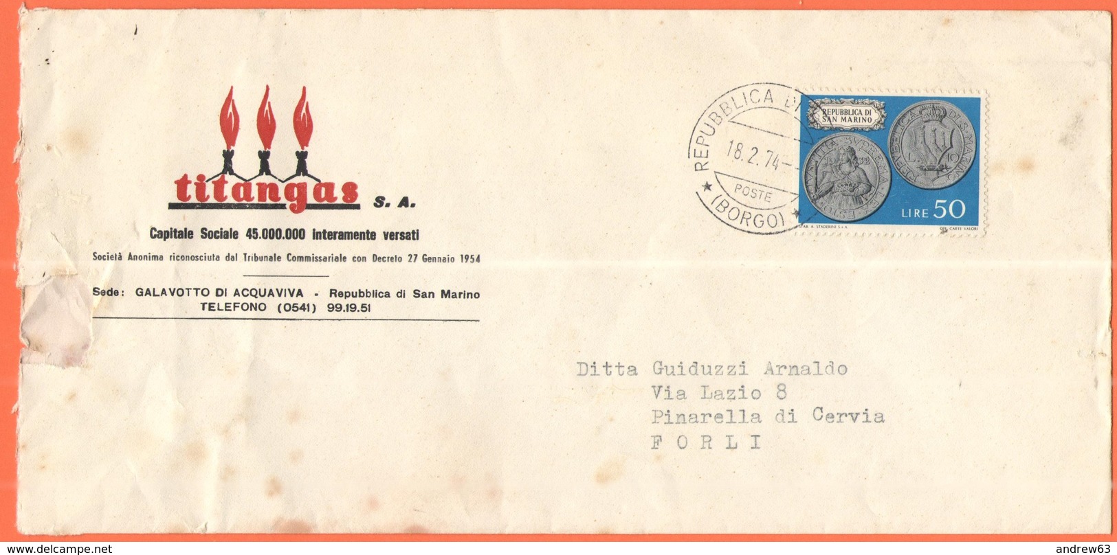 SAN MARINO - 1974 - 50 Monete - Titangas S.A. - Viaggiata Da San Marino Per Pinarella Di Cervia, Italia - Storia Postale