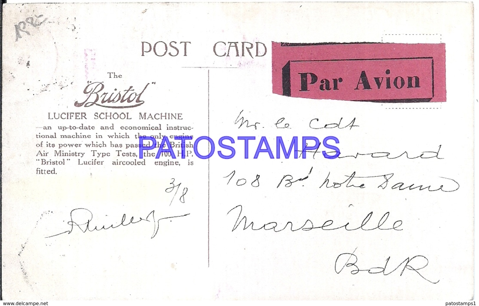 113137 AVIATION PUBLICITY THE BRISTOL LUCIFER SCHOOL MACHINE CIRCULATED TO FARNCE POSTAL POSTCARD - Autres & Non Classés