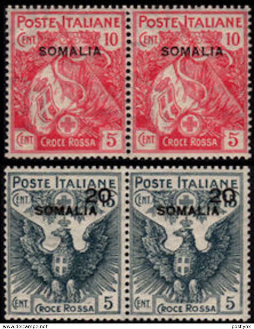 ITALIAN OCCUPATION SOMALIA 1916 Red Cross 10+5c, 20 On 15+5c, Semi-postal OVPT. PAIRS:2 - Somalie