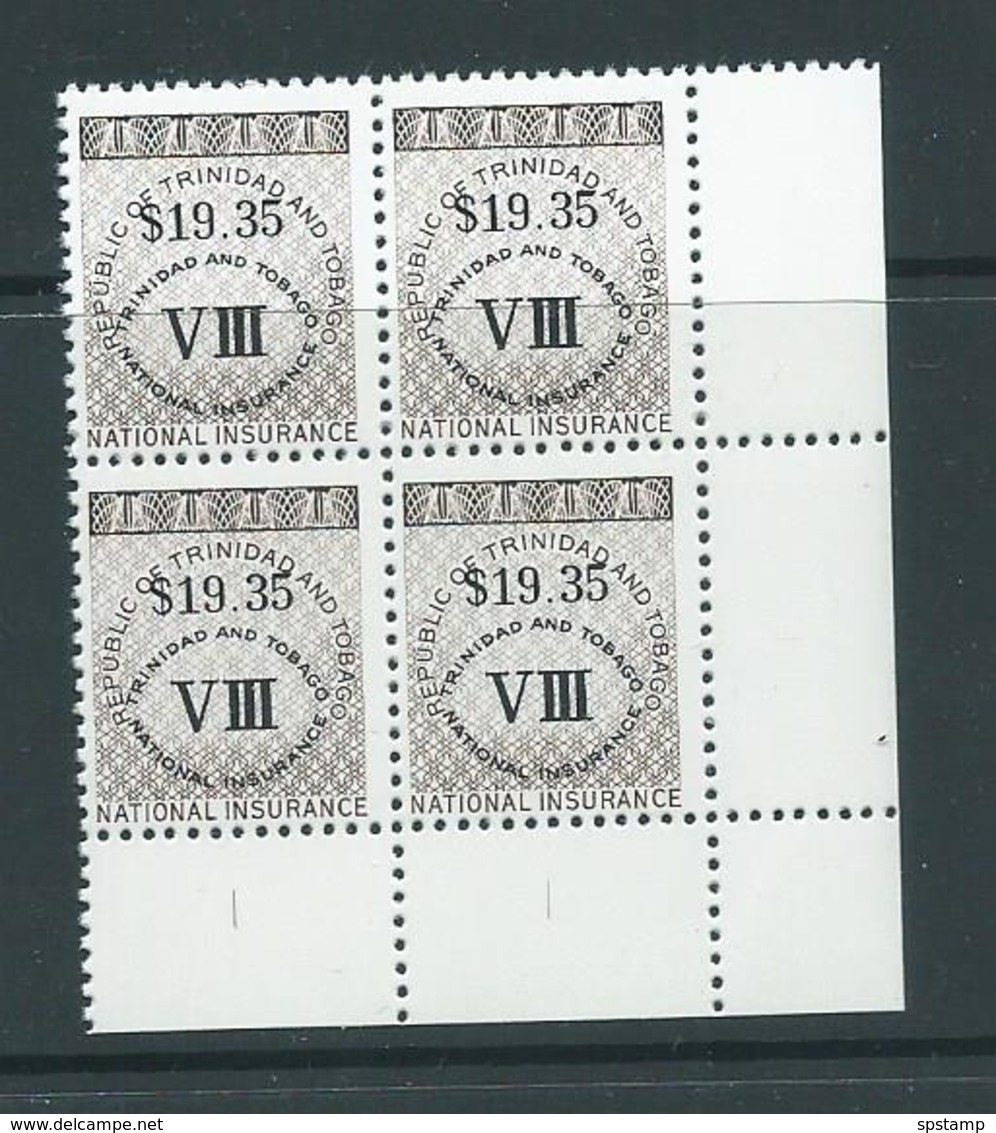 Trinidad & Tobago 1990 $19.35 National Insurance Stamp Marginal Corner Block Of 4 MNH - Trinidad & Tobago (1962-...)