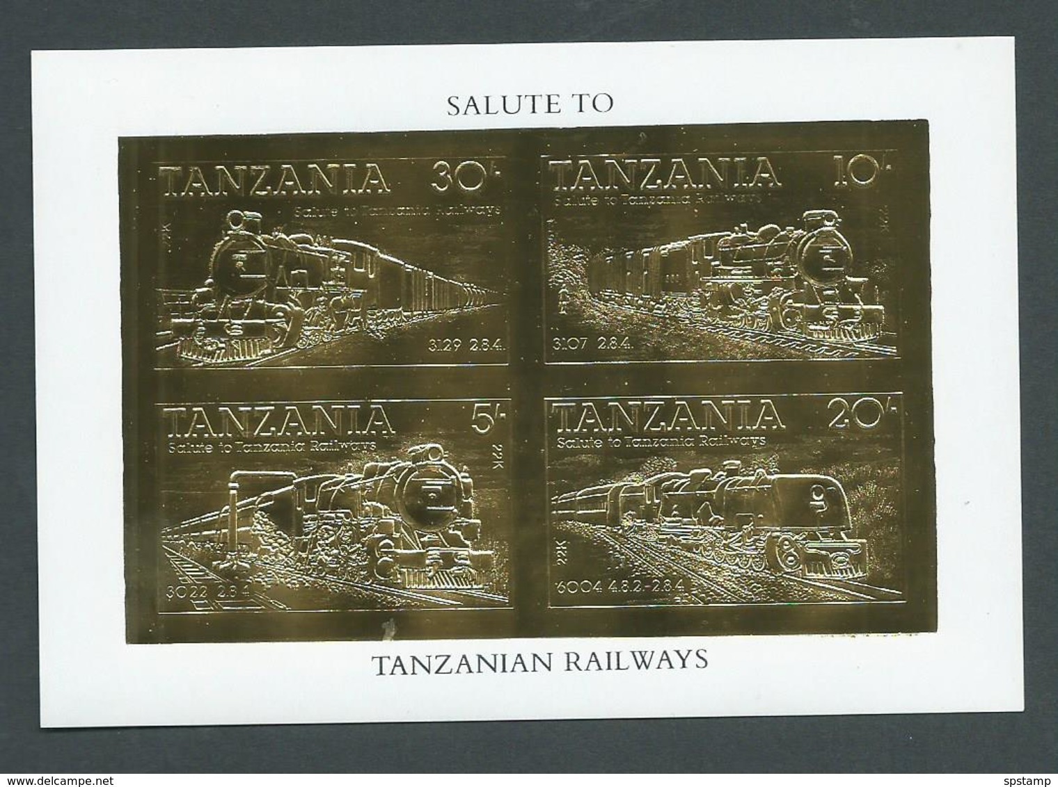 Tanzania 1985 Trains Gold Stamp Miniature Sheet Imperforate 22 Carat Gold Foil Self Adhesive Stamps MNH - Tanzania (1964-...)