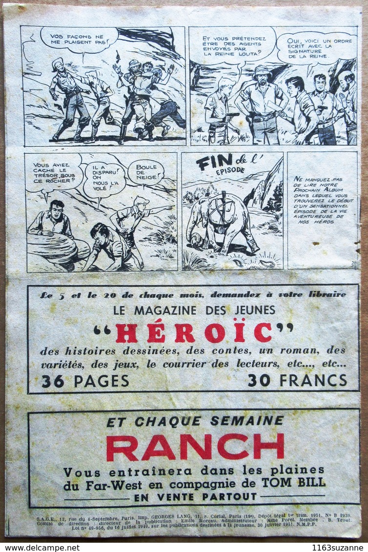 EO Editions SAGE, 30 Janvier 1951 > Collection Appel De La Jungle N° 20 : RAOUL ET GASTON - Le Secret Du Totem - Sagédition