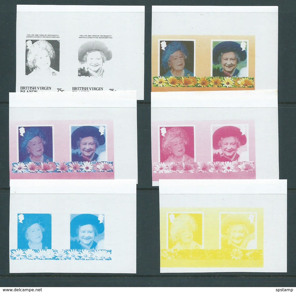 British Virgin Islands 1985 Queen Mother 75c Pair - 6 Imperforate Colour Trial Proofs MNH - British Virgin Islands