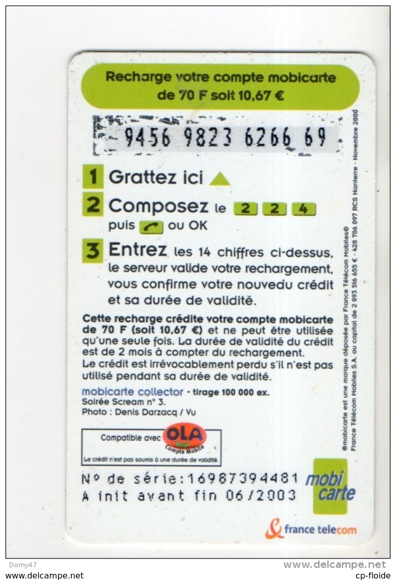 TÉLÉCARTE FRANCE . CARTE PRÉPAYÉE . RECHARGE 70 MOBICARTE . MAIN SUR LA TÊTE - Réf. N°90C - - Mobicartes (recharges)