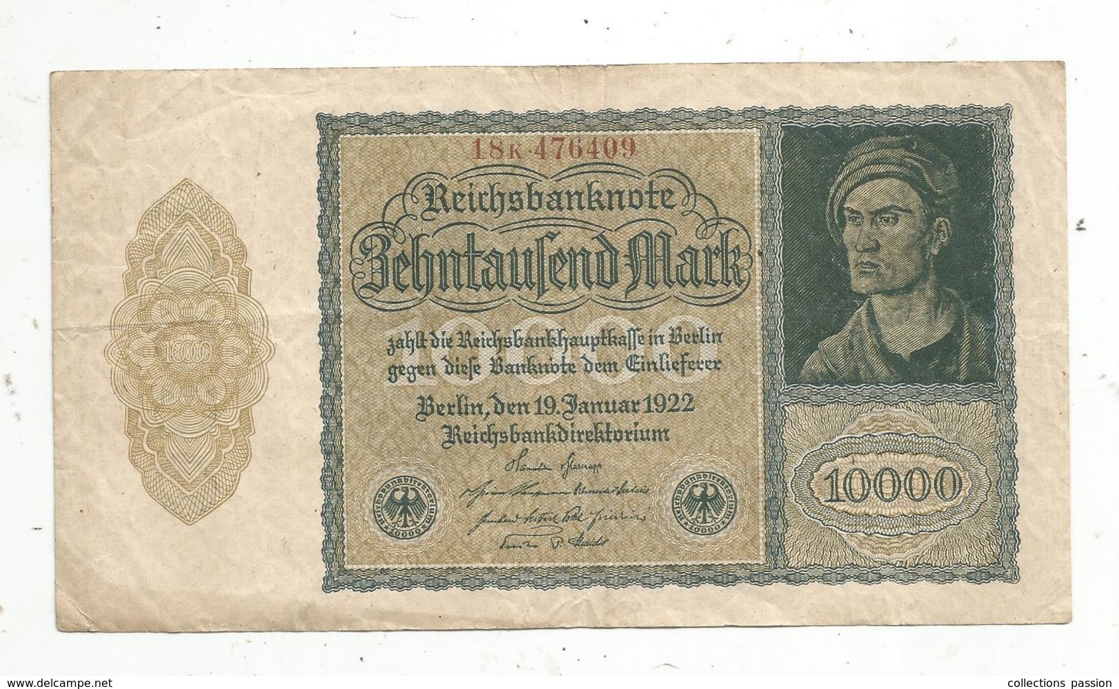 Billet , Allemagne ,  Reichsbanknote , 10000mark, Berlin 19 Januar1922, 2 Scans, Frais Fr 1.55 E - 10000 Mark