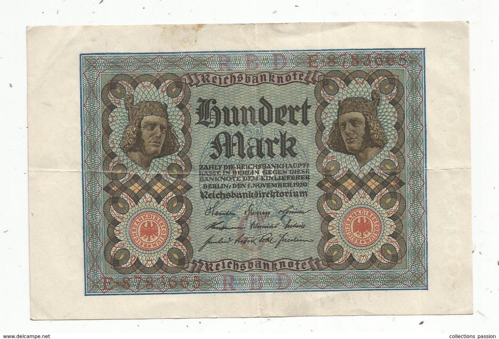 Billet , Allemagne ,  Reichsbanknote , 10000mark, Berlin 1 November 1920, 2 Scans, Frais Fr 1.55 E - 100 Mark