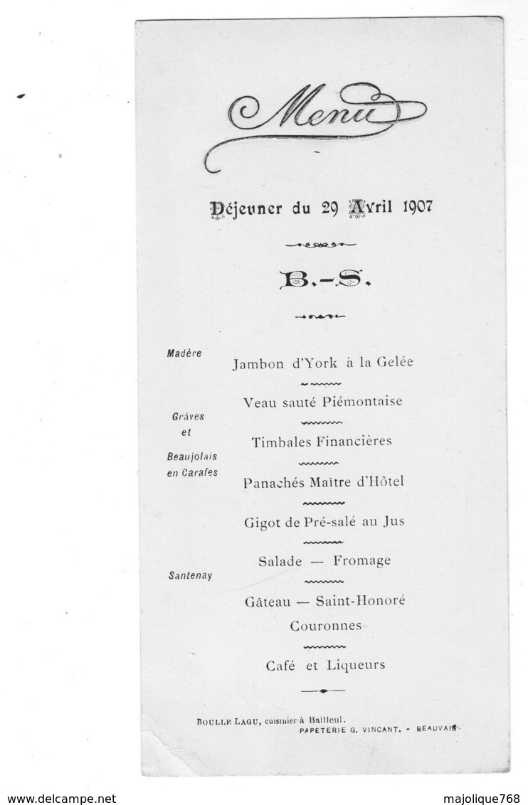 Lot De 3 Menus Un Pour Le Déjeuner Du 29 Avril 1907 - Menú