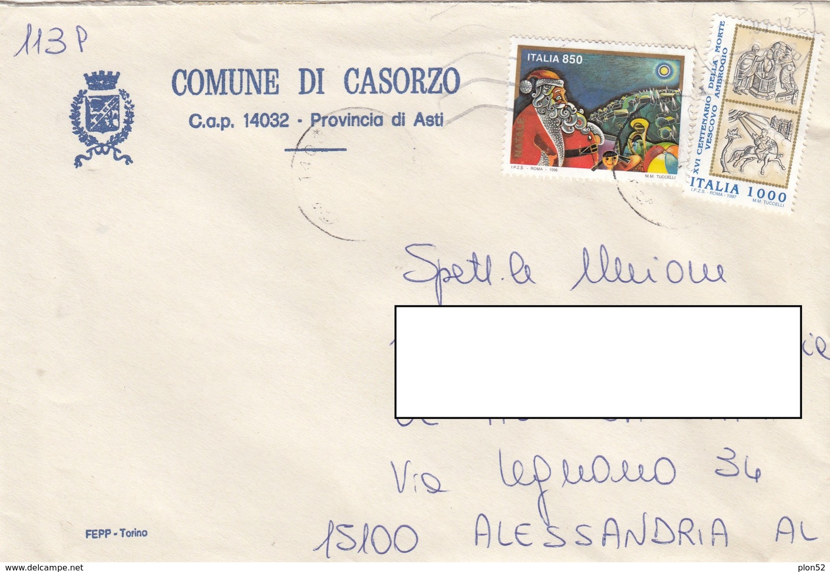 12355-BUSTA DA CASORZO(AT) AFFRANCATA CON COMMEMORATIVI PER ALESSANDRIA-1977 - 1991-00: Storia Postale