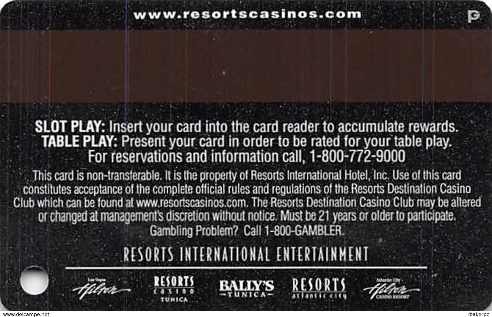 Resorts Casino - Atlantic City NJ - Slot Card - PG Mark Over Mag Stripe - 5 Logos Across Bottom Reverse - Casino Cards