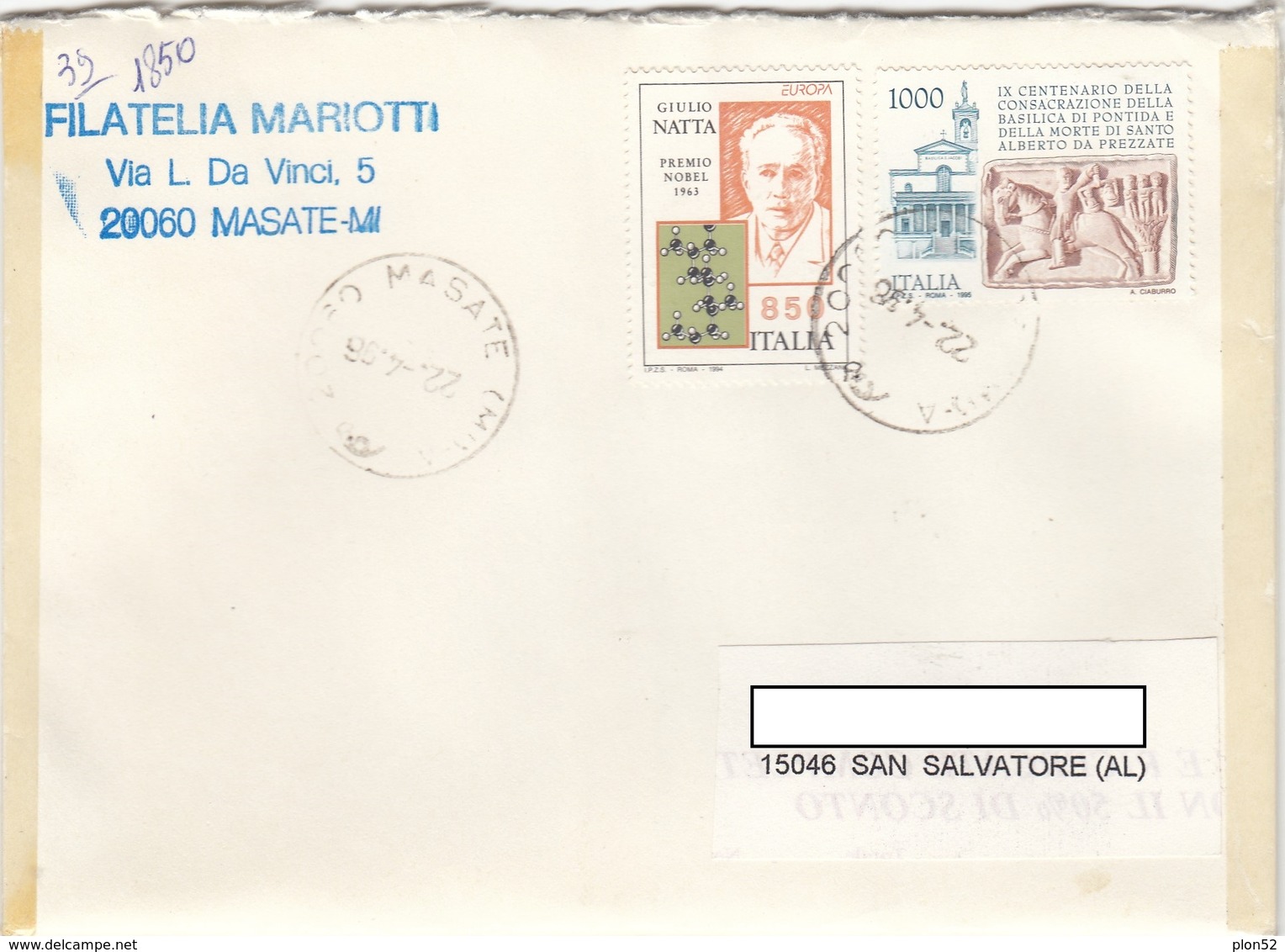 12363-BUSTA DA MASATE(MI) AFFRANCATA CON COMMEMORATIVI PER S.SALVATORE MONF.(AL)-1996 - 1991-00: Storia Postale