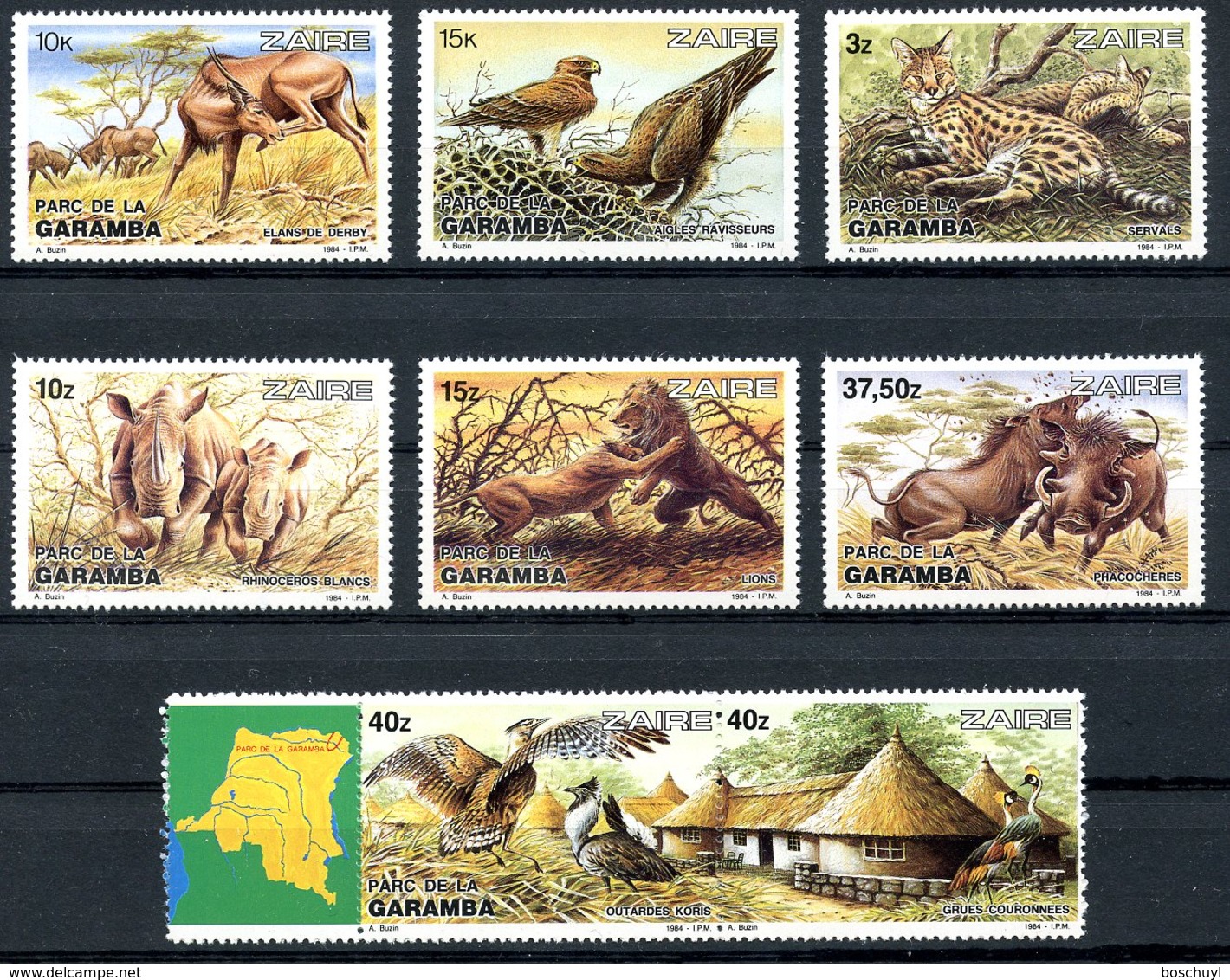 Zaire, 1984, Garamba National Park, Animals, Rhino, Lion, MNH, Michel 838-845 - Altri & Non Classificati