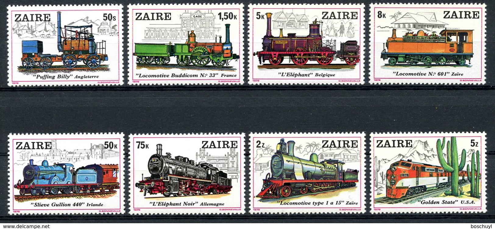 Zaire, 1980, Locomotives, Trains, Railroad, MNH, Michel 622-629 - Other & Unclassified