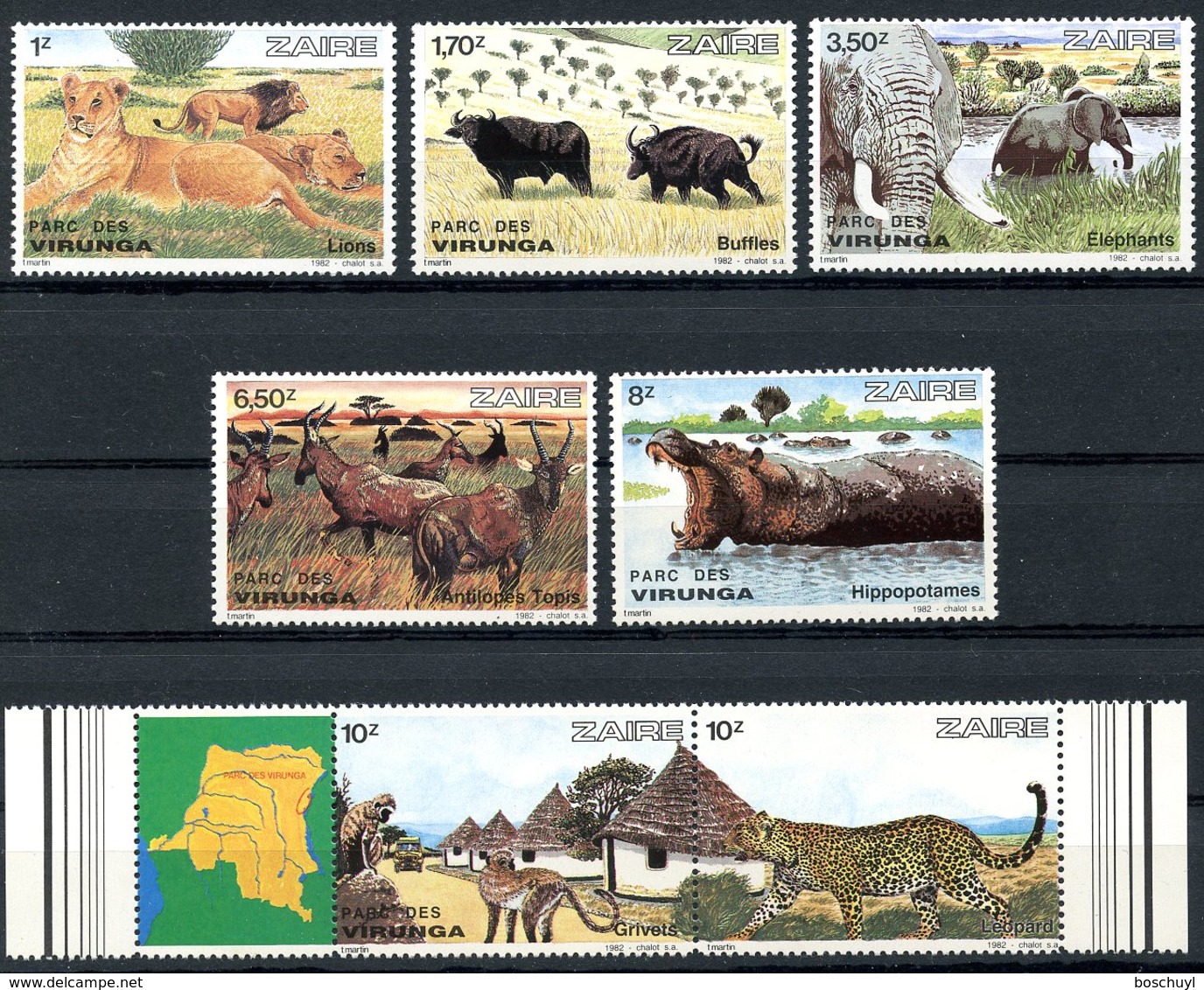 Zaire, 1982, Virunga National Park, Lion, Elephant, Rhino, Buffalo, MNH, Michel 779-785 - Altri & Non Classificati