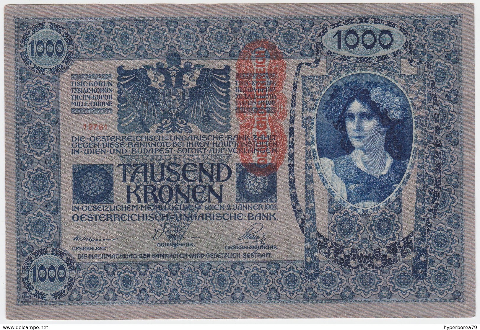 Austria P 59 - 1000 1.000 Kronen 2.1.1912 ( 1919 ) - VF - Austria