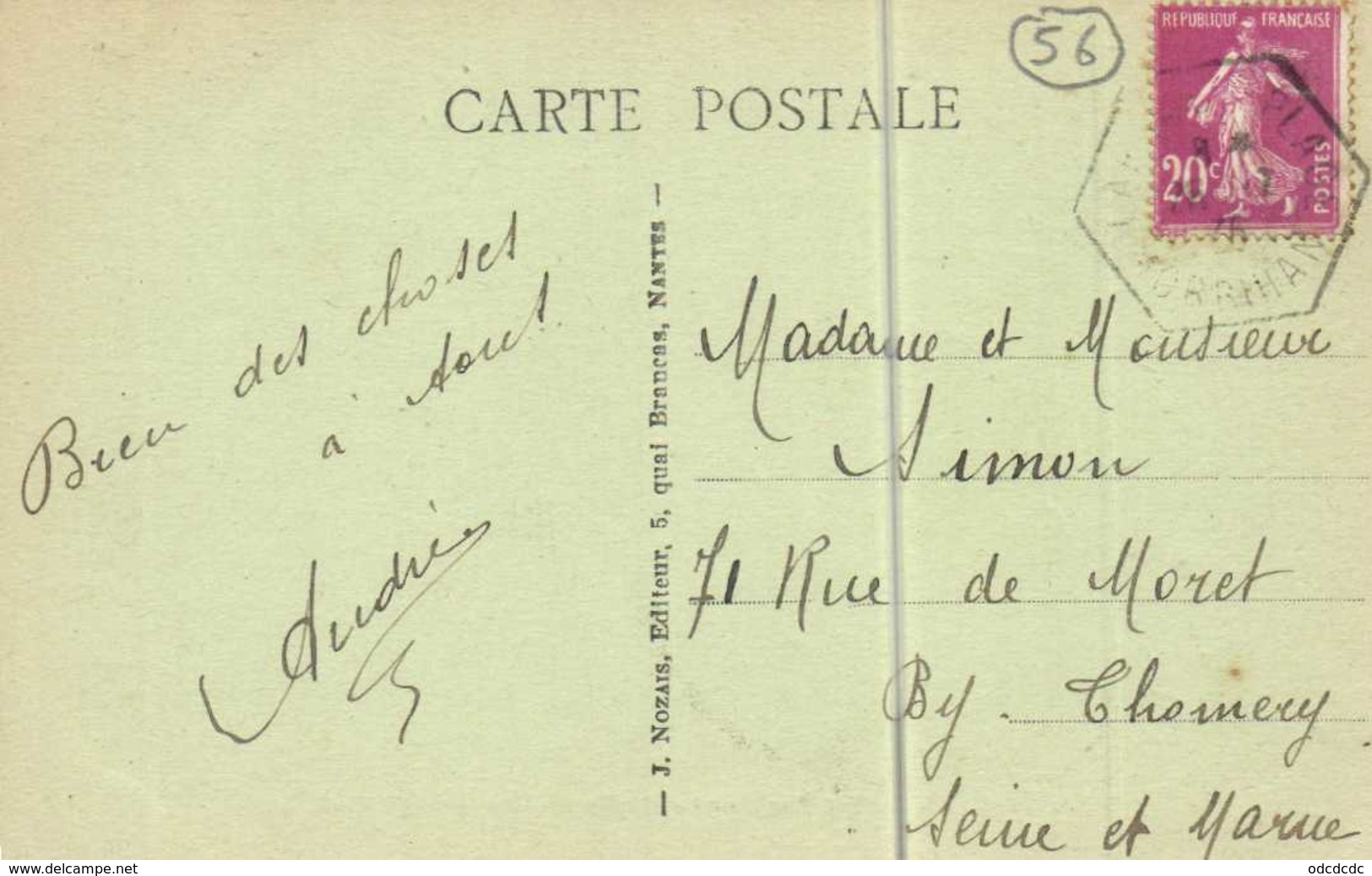 AURAY  (Morbihan) Vieille Maison Près Du Port RV Timbre 20c Cachet Hexagonal - Auray