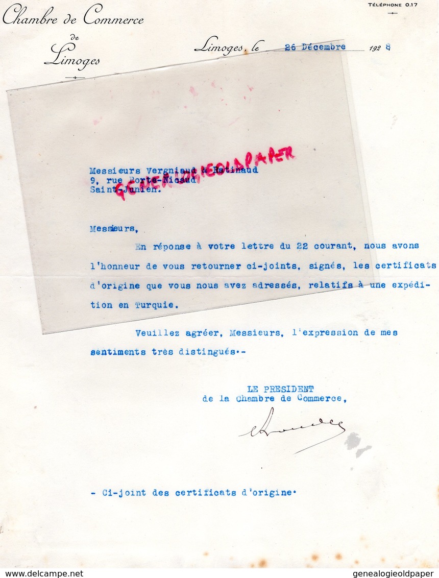 87- LIMOGES- LETTRE CHAMBRE COMMERCE 1928 TURQUIE  -VERGNIAUD RATINAUD SAINT JUNIEN GANTERIE MEGISSERIE - Andere & Zonder Classificatie