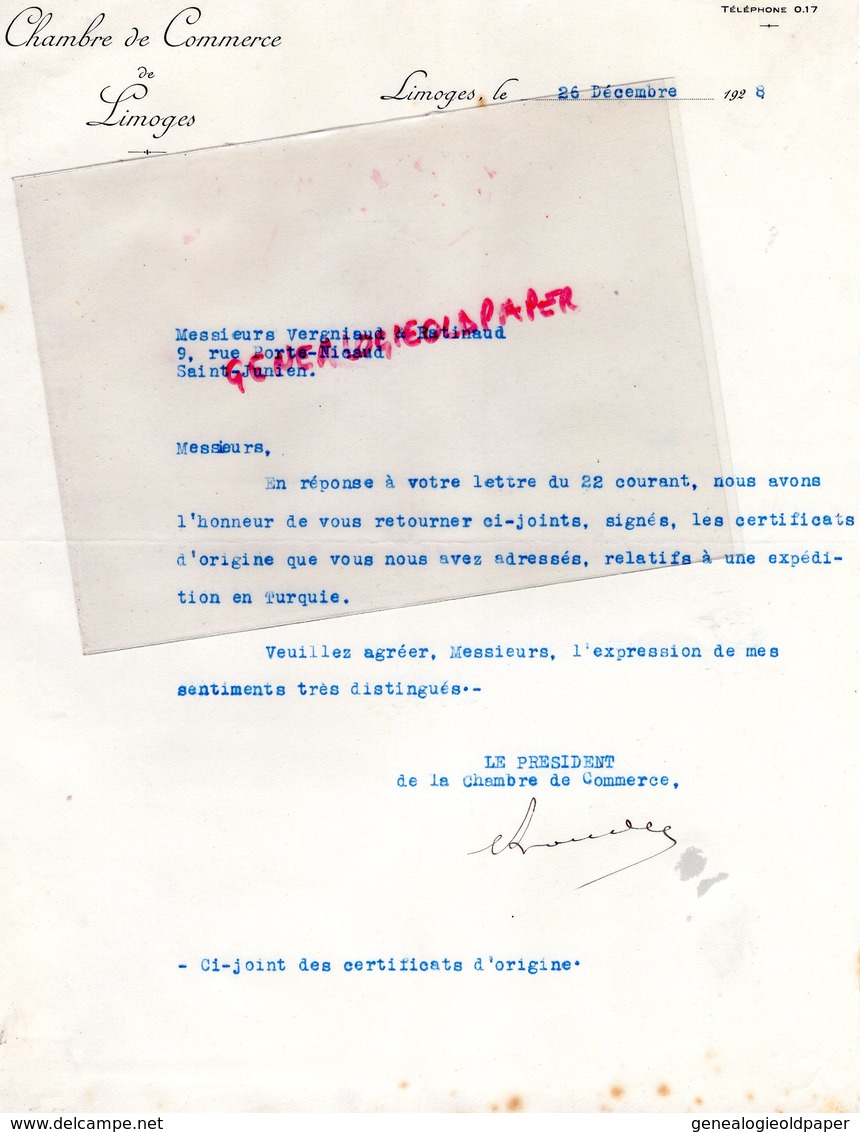 87- LIMOGES- LETTRE CHAMBRE COMMERCE 1928 TURQUIE  -VERGNIAUD RATINAUD SAINT JUNIEN GANTERIE MEGISSERIE - Sonstige & Ohne Zuordnung