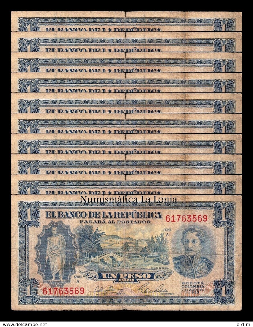 Colombia Lot Bundle 10 Banknotes 1 Peso Oro 1953 Pick 398 BC F - Colombie
