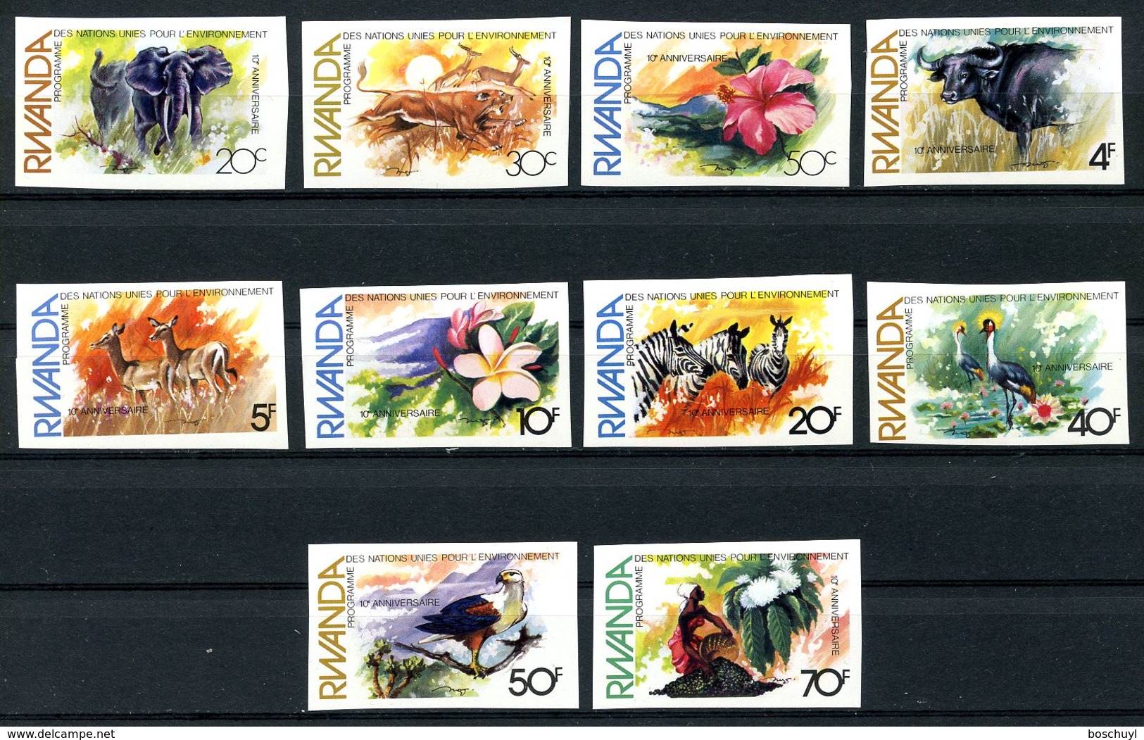 Rwanda, 1982, United Nations Environment Programme, Animals, Flowers, MNH Imperforated, Michel 1196-1205B - Other & Unclassified