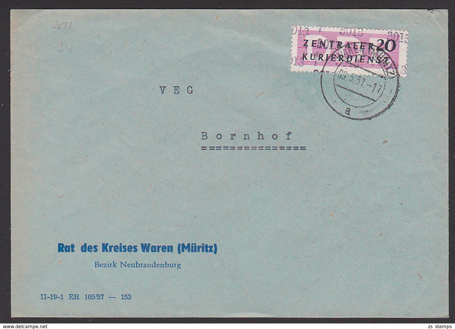 WAREN (Müritz) DDR ZKD B11(3013) Kreisaufdruck Rat Des Kreises 9.5.57 Nach Bornhof - Sonstige & Ohne Zuordnung