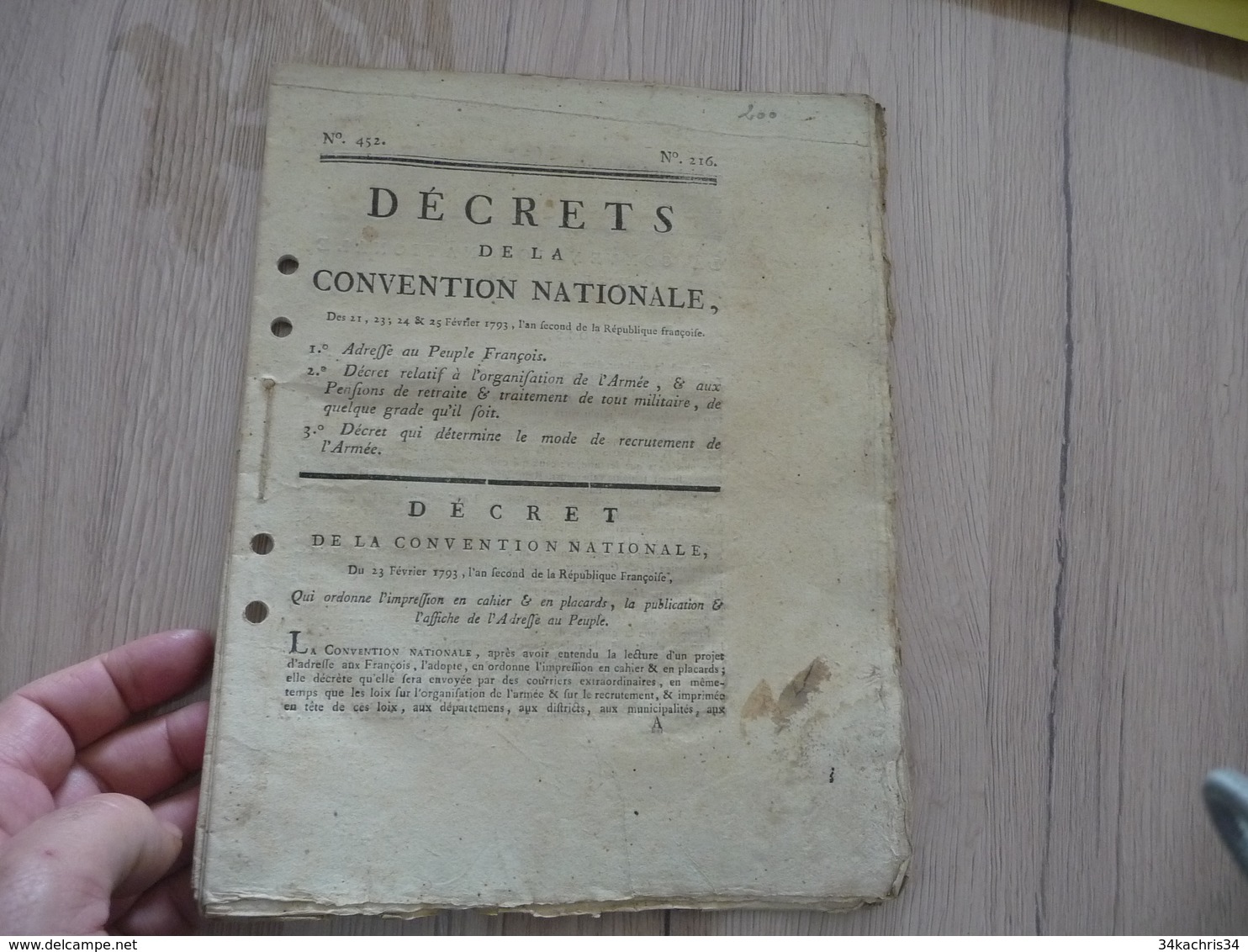 Décret Convention Nationale Février 1793 Armée Organisation Recrutement 32 Pages Trous D'archivage - Decreti & Leggi