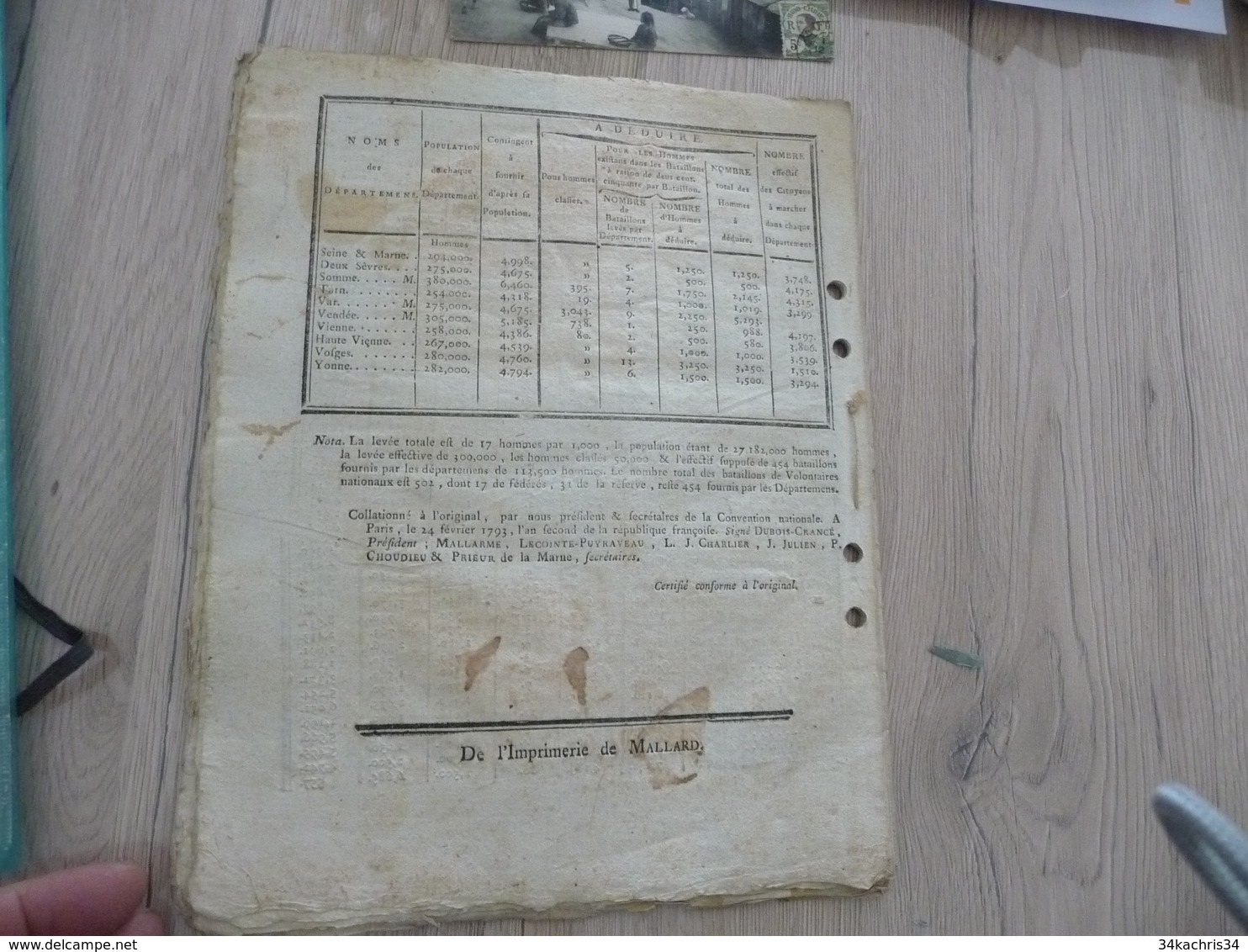 Décret Convention Nationale Février 1793 Armée organisation recrutement 32 pages trous d'archivage