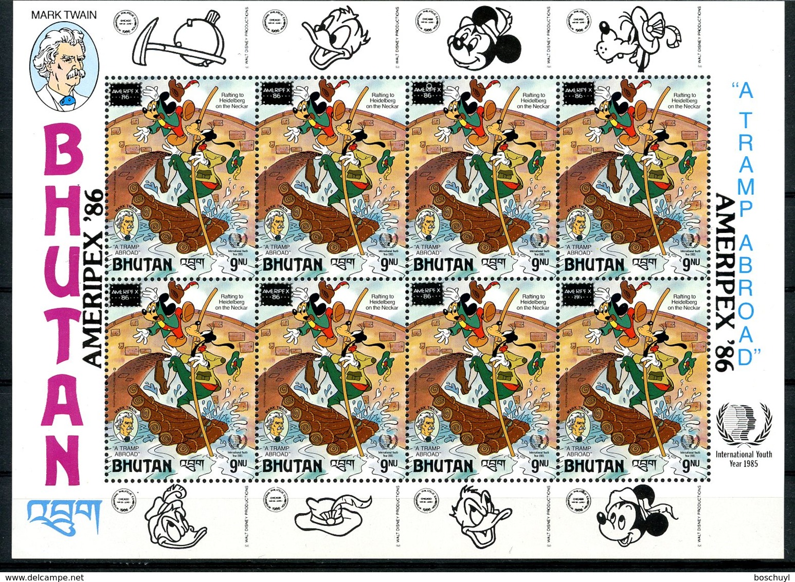 Bhutan, 1986, Twain, Disney, Ameripex Stamp Exhibition, Youth Year, United Nations, MNH Sheet, Michel 977 - Bhoutan