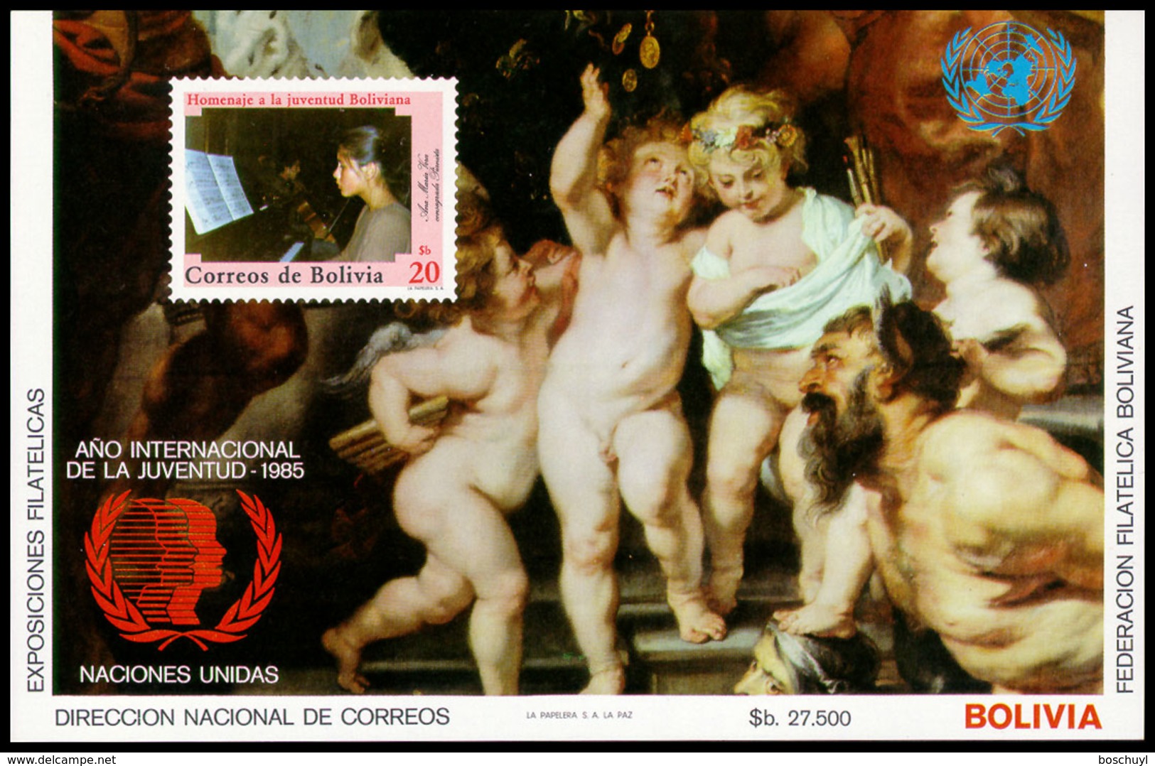 Bolivia, 1985, International Youth Year, Painting, UNICEF, United Nations, MNH, Michel Block 142 - Bolivia