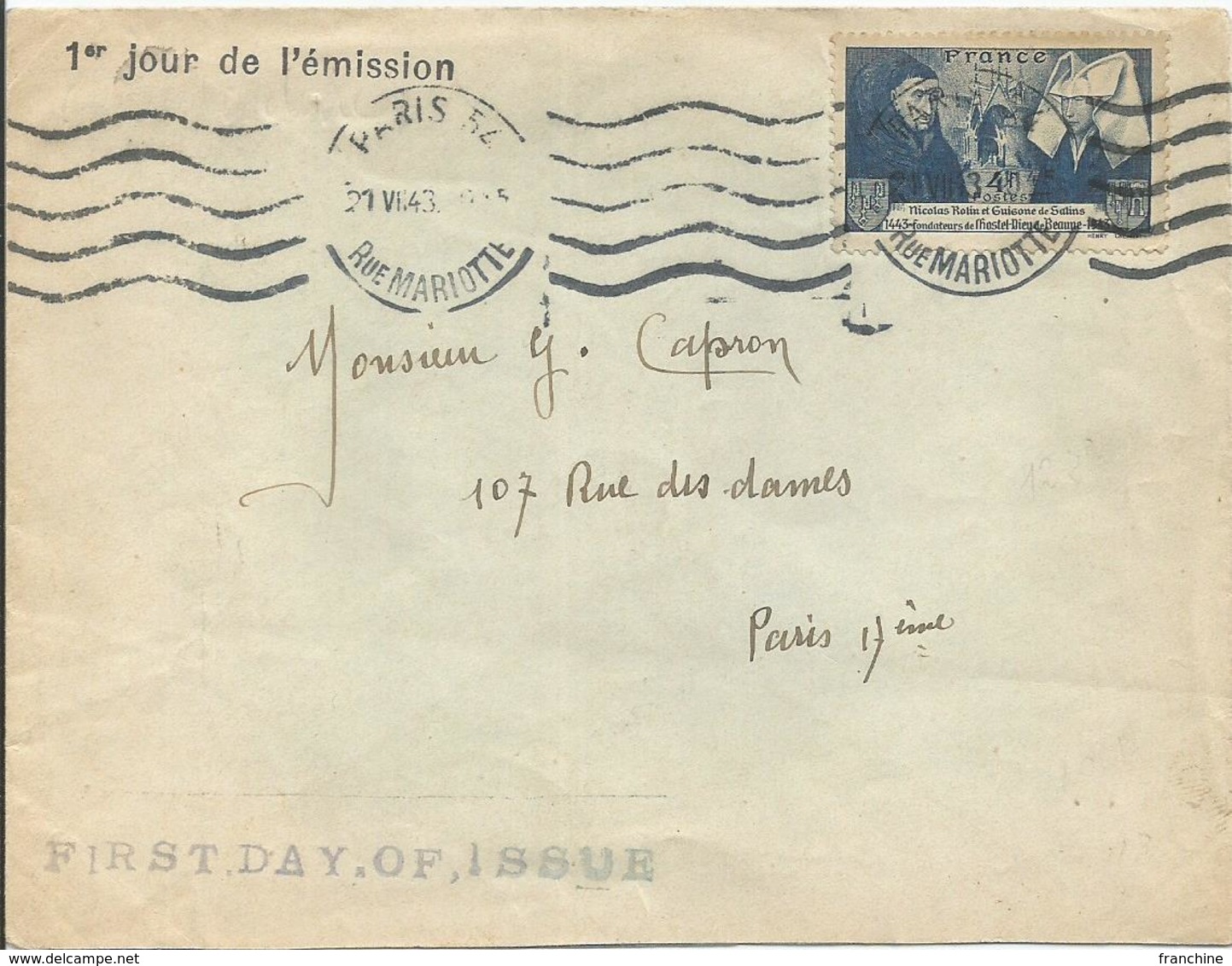 1943 - N° 583 Oblitéré Seul Sur Lettre - FIRST DAY - Covers & Documents