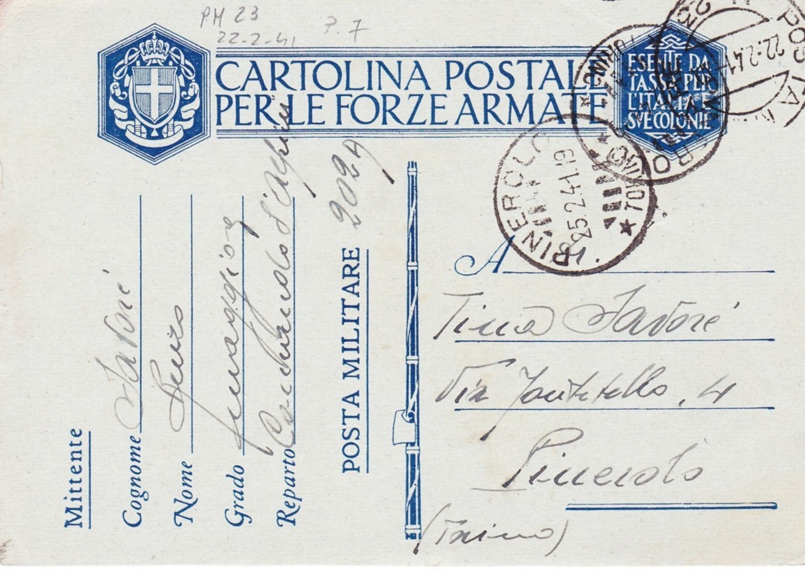 (EH) 22/2/1941 CARTOLINA  FRANCHIGIA  2^  G.M. POSTA  MILITARE 23 - Guerra 1939-45