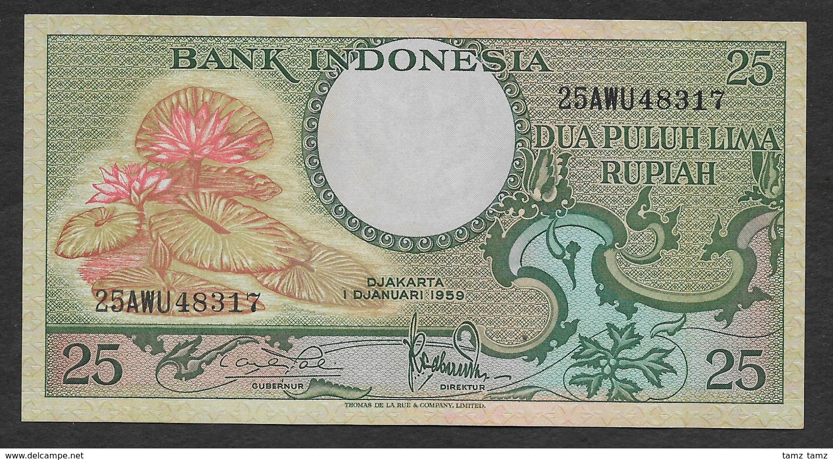 Indonesia 25 Rupiah 3 Letter Thomas De La Rue 1959 UNC - Indonesia